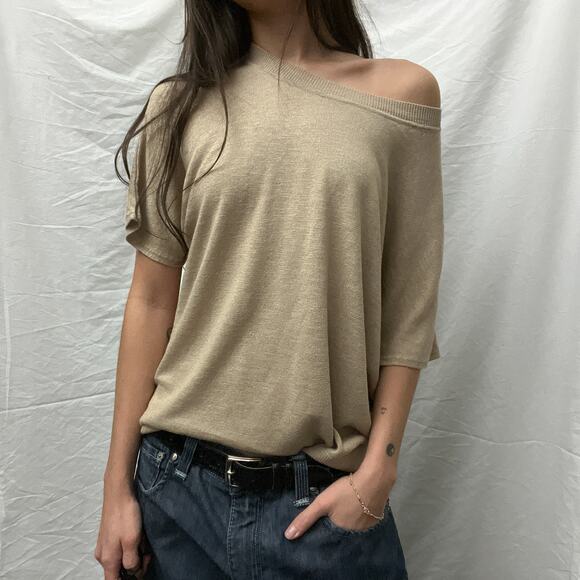 banana republic tan sand minimalist linen knit oversized baggy relaxed tee shirt - Picture 4 of 7